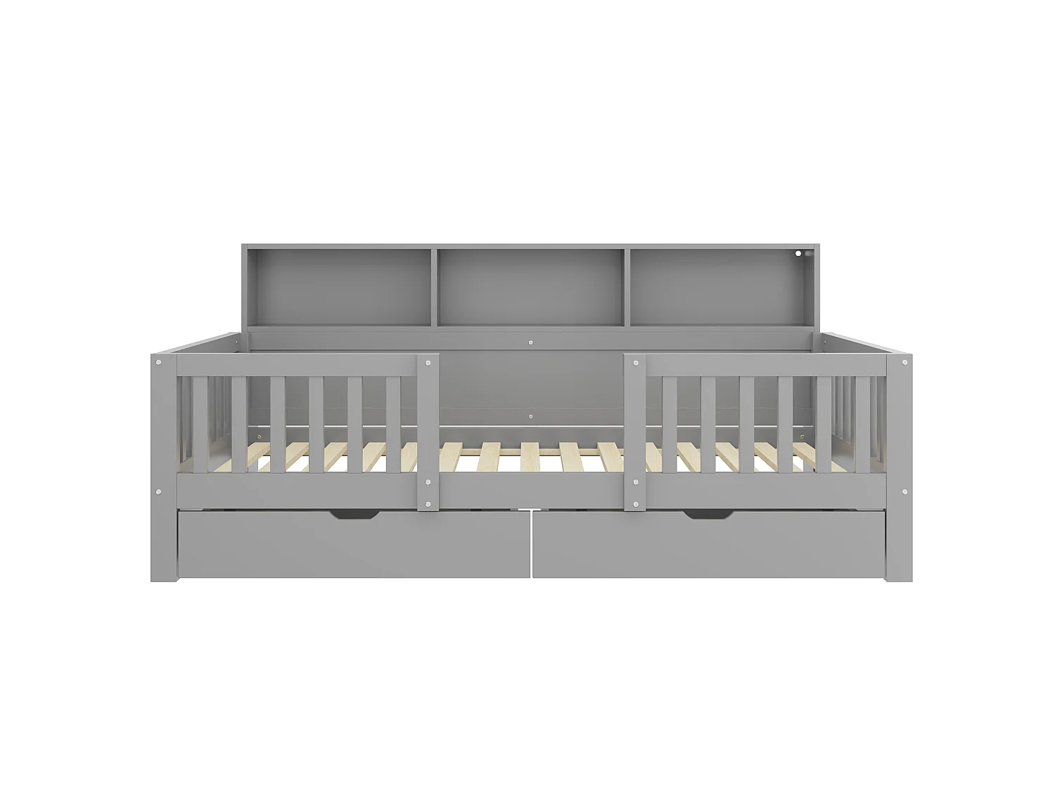 Barnsäng 90 x 200 cm – med säkerhetsbarriärer – med 2 lådor – med hyllor – med LED-belysning – grå (madrass ingår ej)