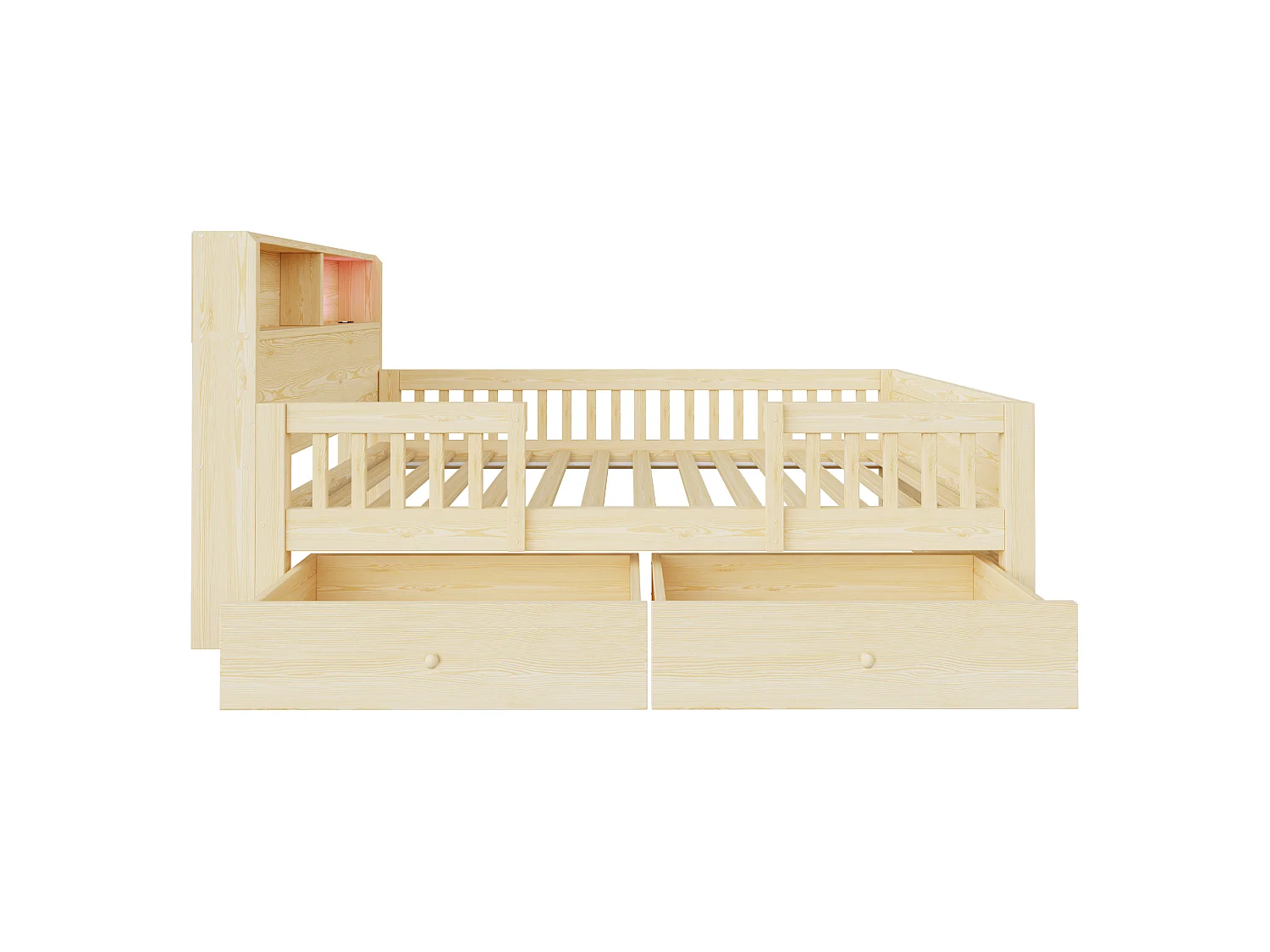 Lit enfant en bois 90 x 190 cm - avec 2 tiroirs - avec prises USB + Type-C - avec petite lampe LED - naturel (matelas non inclus)