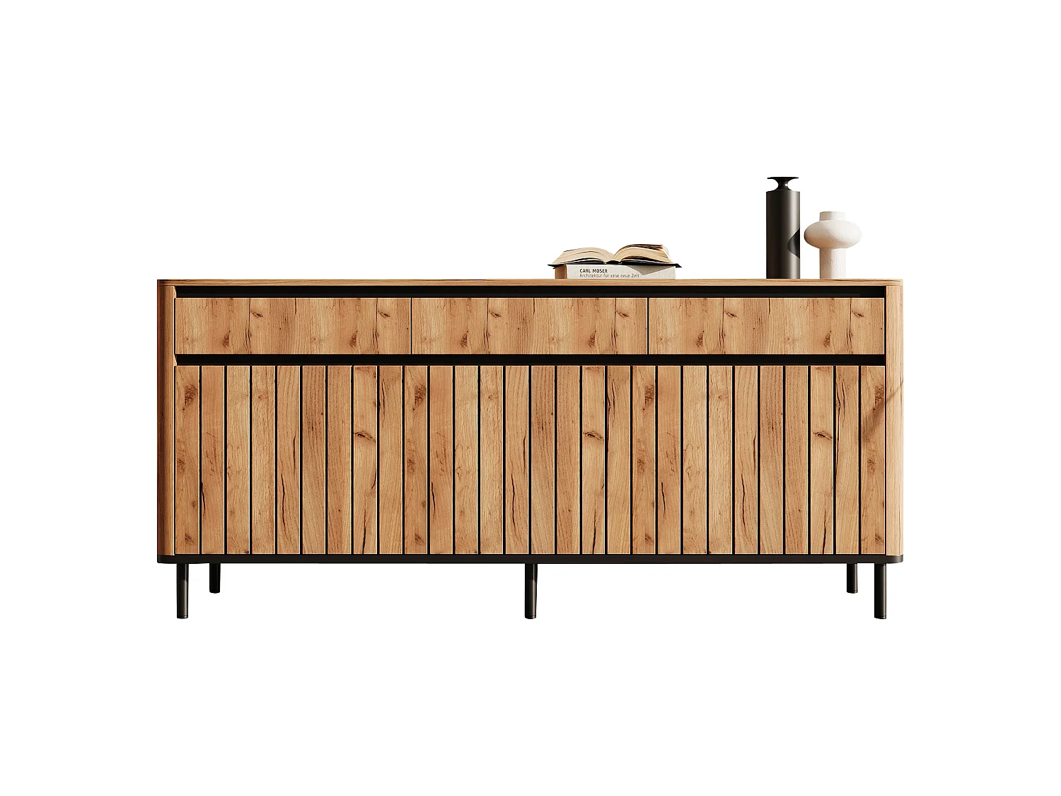 Buffet 160x40x73 cm - 3 tiroirs et 3 portes persiennes - 6 pieds en métal - Finition chêne - MDF - Naturel