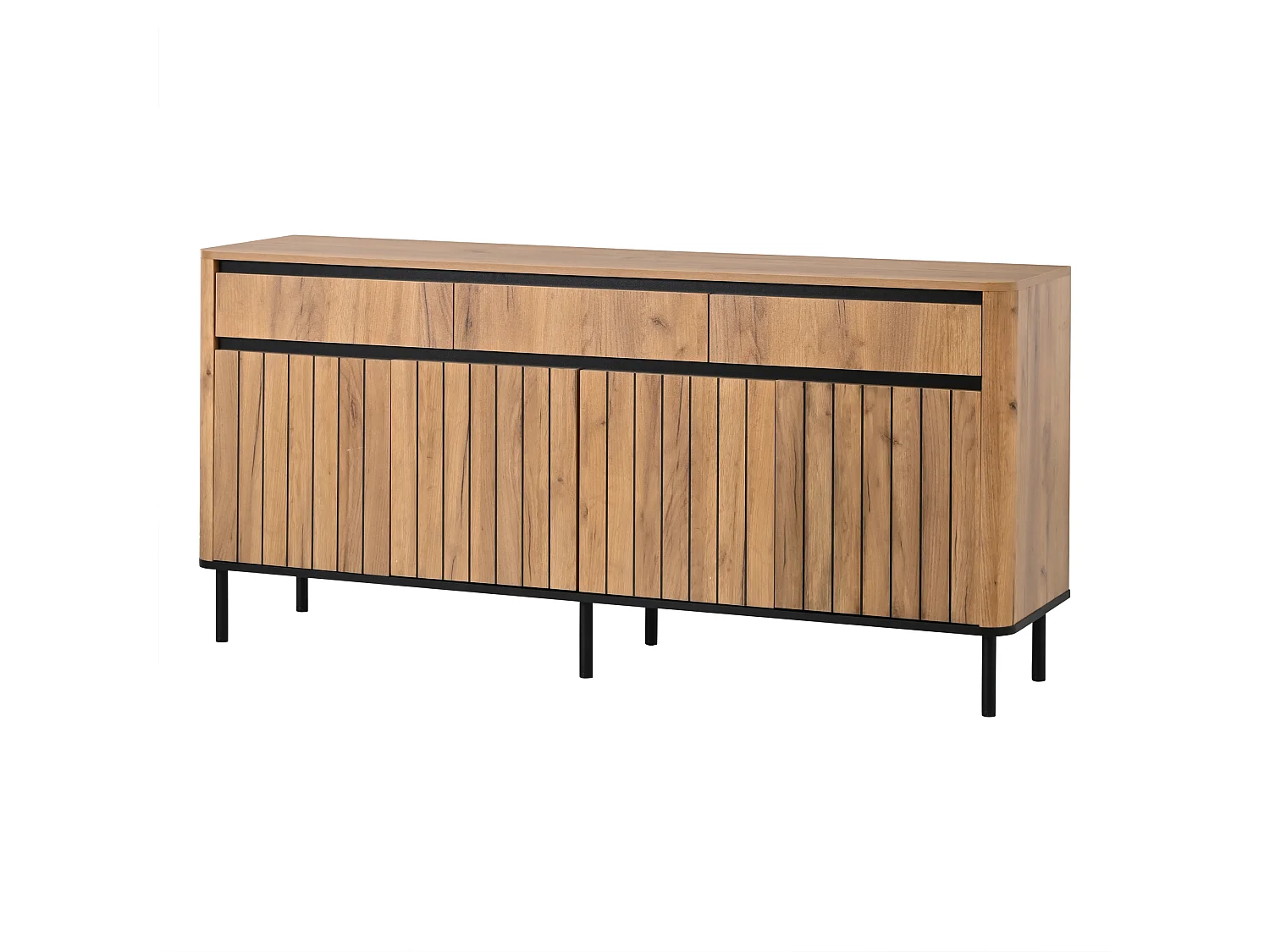 Buffet 160x40x73 cm - 3 tiroirs et 3 portes persiennes - 6 pieds en métal - Finition chêne - MDF - Naturel