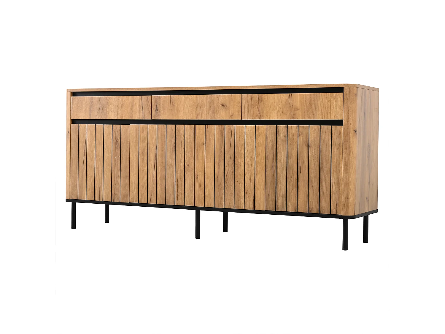 Buffet 160x40x73 cm - 3 tiroirs et 3 portes persiennes - 6 pieds en métal - Finition chêne - MDF - Naturel