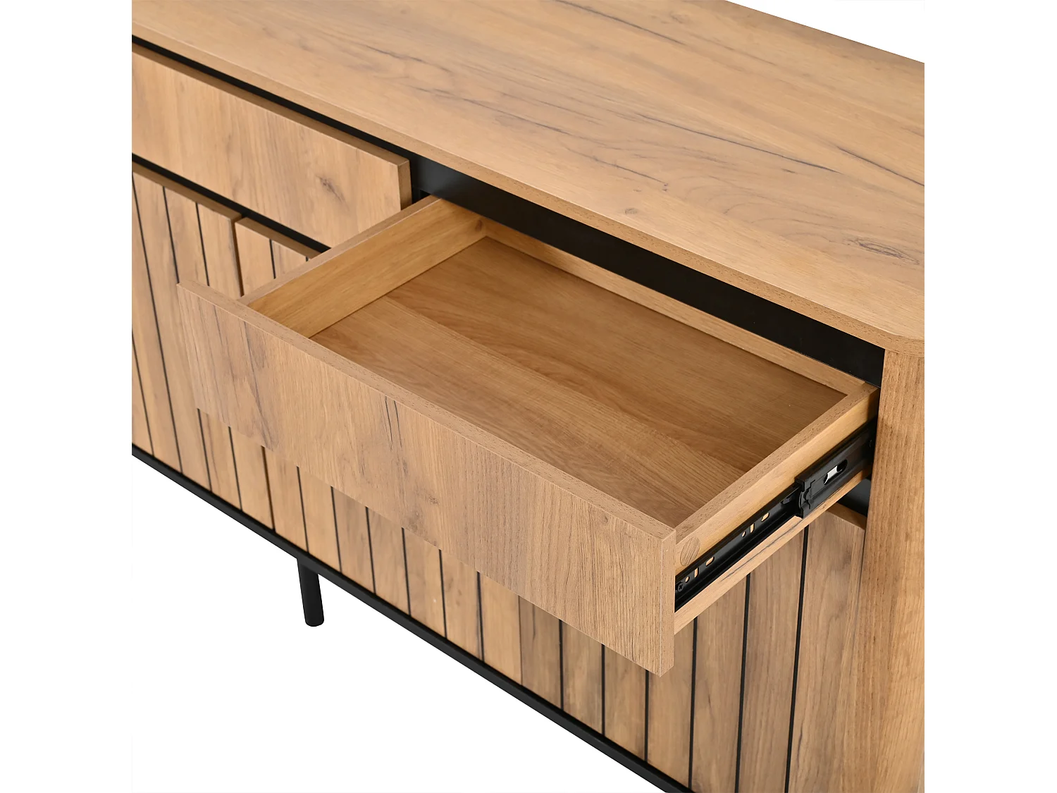 Buffet 160x40x73 cm - 3 tiroirs et 3 portes persiennes - 6 pieds en métal - Finition chêne - MDF - Naturel