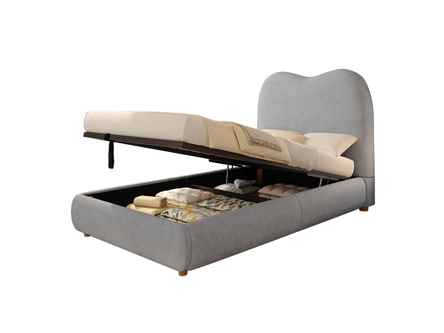 Lit enfant coffre 90 x 200 cm - Avec tête de lit capitonnée - Rangement sous le lit - tissu de lin - Gris (matelas non inclus)