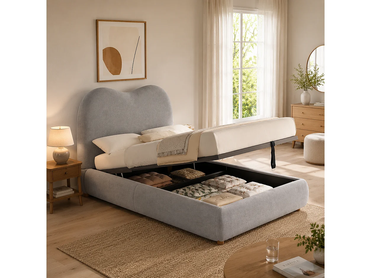 Lit enfant coffre 90 x 200 cm - Avec tête de lit capitonnée - Rangement sous le lit - tissu de lin - Gris (matelas non inclus)