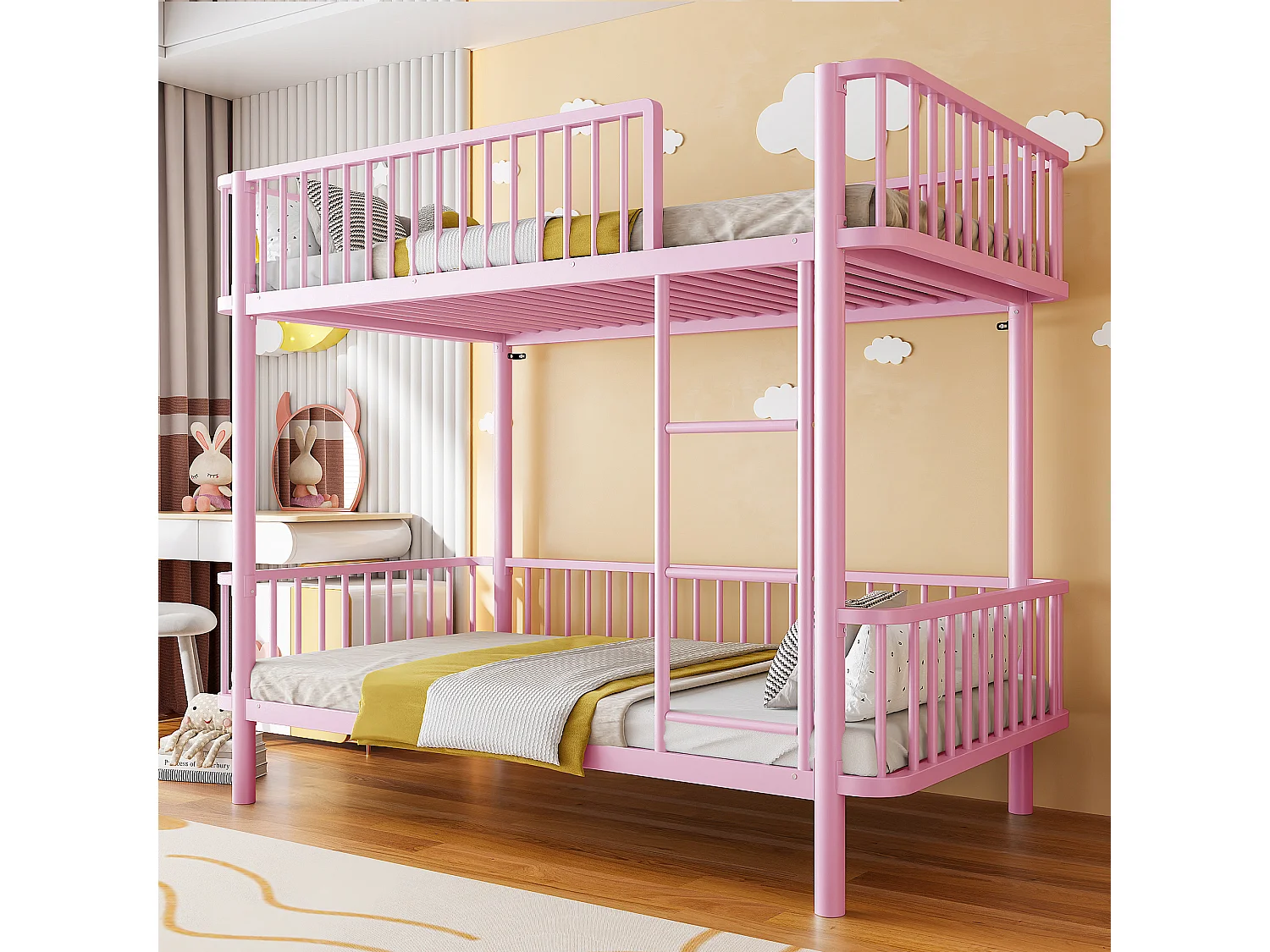 Lit superposé en métal pour enfant 90x200cm - Coins arrondis - Pieds allongés - Avec barrières de sécurité - rose (Matelas non inclus)