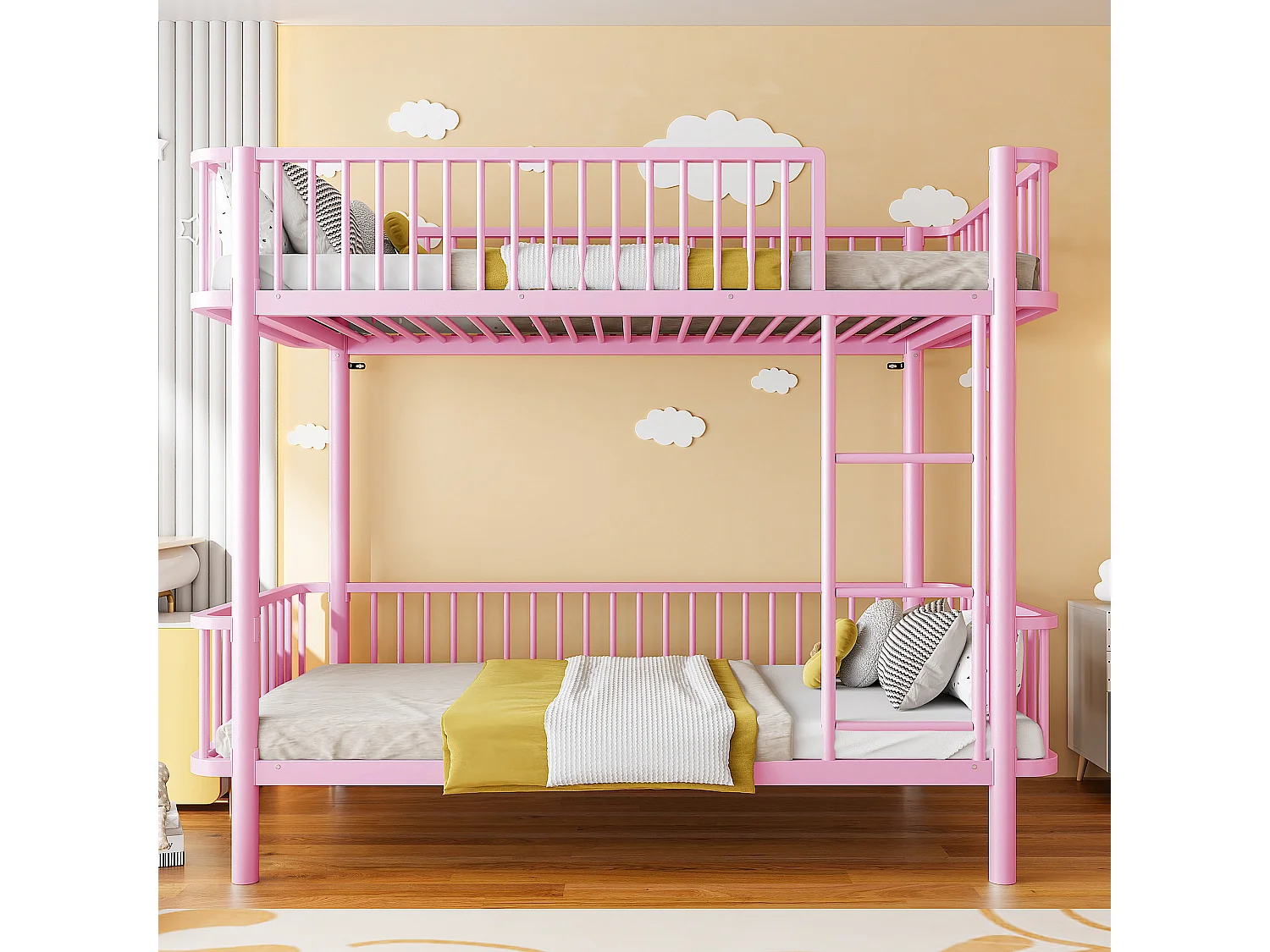 Lit superposé en métal pour enfant 90x200cm - Coins arrondis - Pieds allongés - Avec barrières de sécurité - rose (Matelas non inclus)