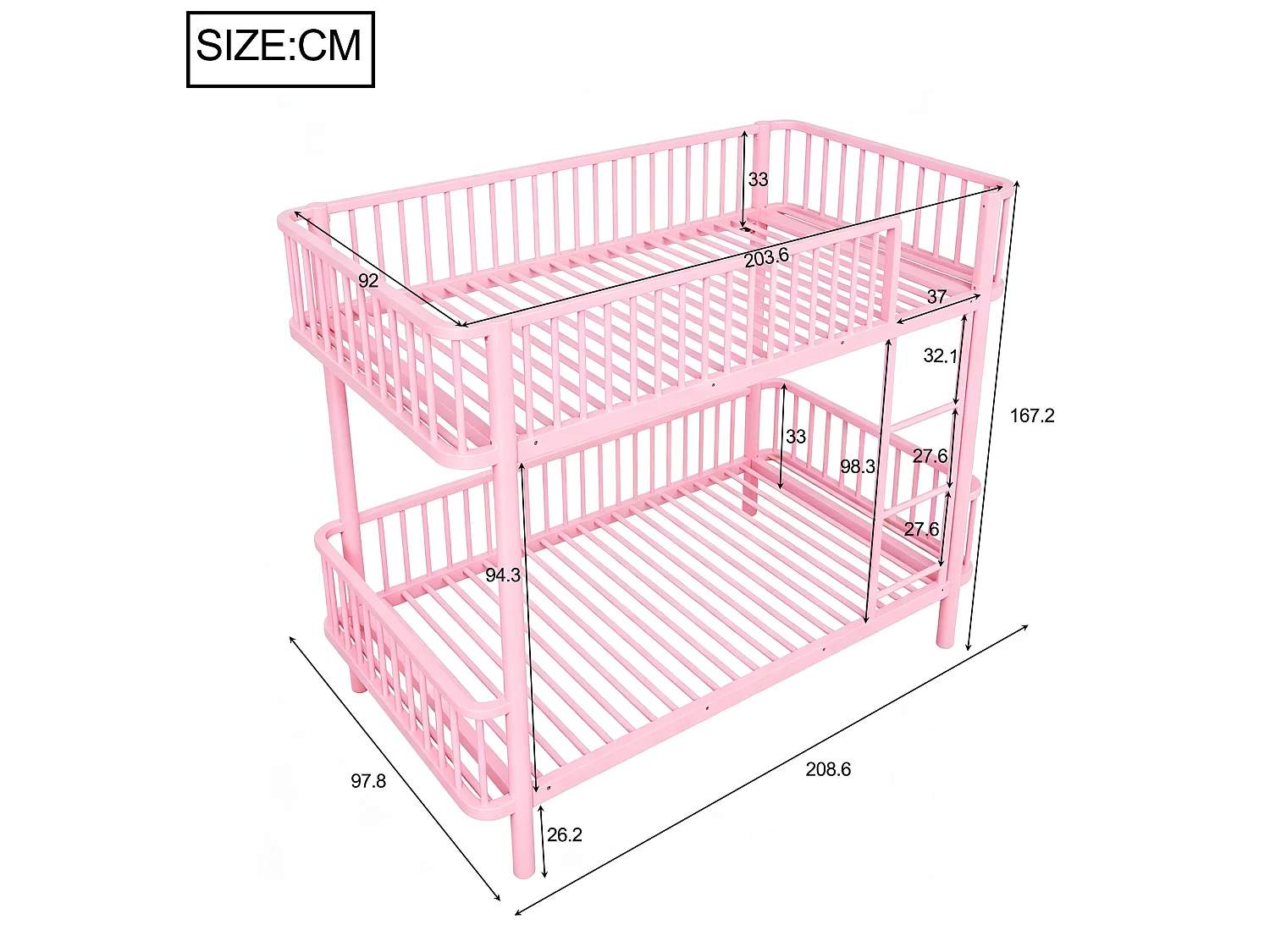 Lit superposé en métal pour enfant 90x200cm - Coins arrondis - Pieds allongés - Avec barrières de sécurité - rose (Matelas non inclus)