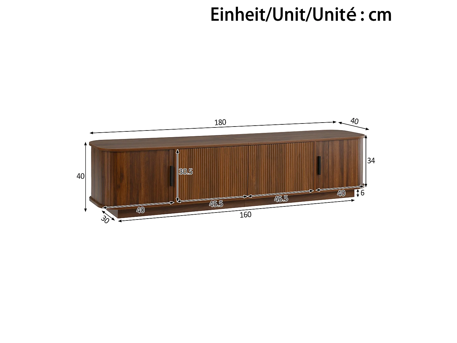Eck-TV-Möbel abgerundet 180x40x40 cm - LED-Beleuchtung - 2 Schubladen mit Wellenmuster und 2 Schiebetüren - MDF - Braun