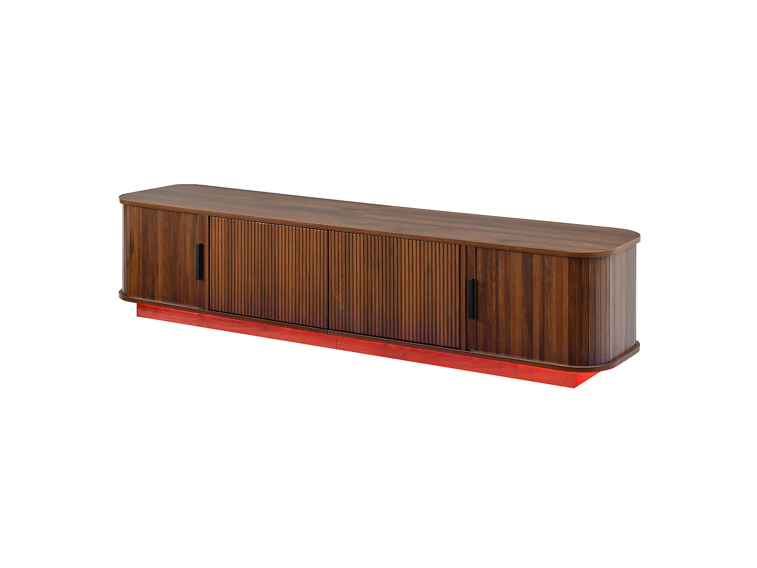 Eck-TV-Möbel abgerundet 180x40x40 cm - LED-Beleuchtung - 2 Schubladen mit Wellenmuster und 2 Schiebetüren - MDF - Braun