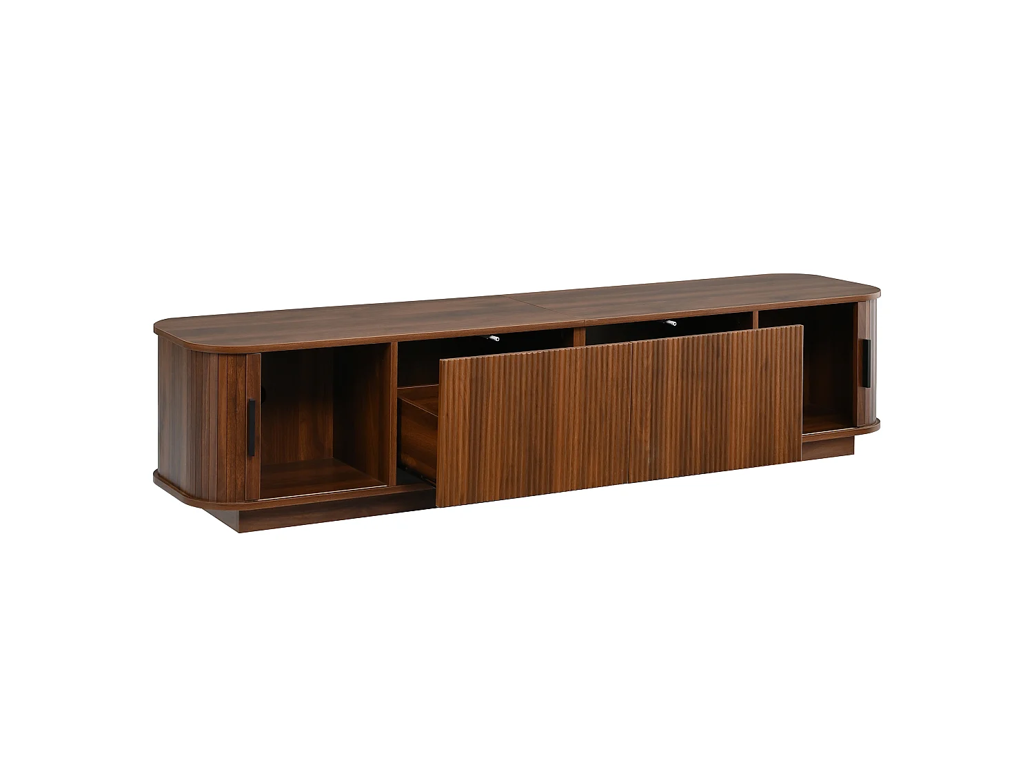 Eck-TV-Möbel abgerundet 180x40x40 cm - LED-Beleuchtung - 2 Schubladen mit Wellenmuster und 2 Schiebetüren - MDF - Braun
