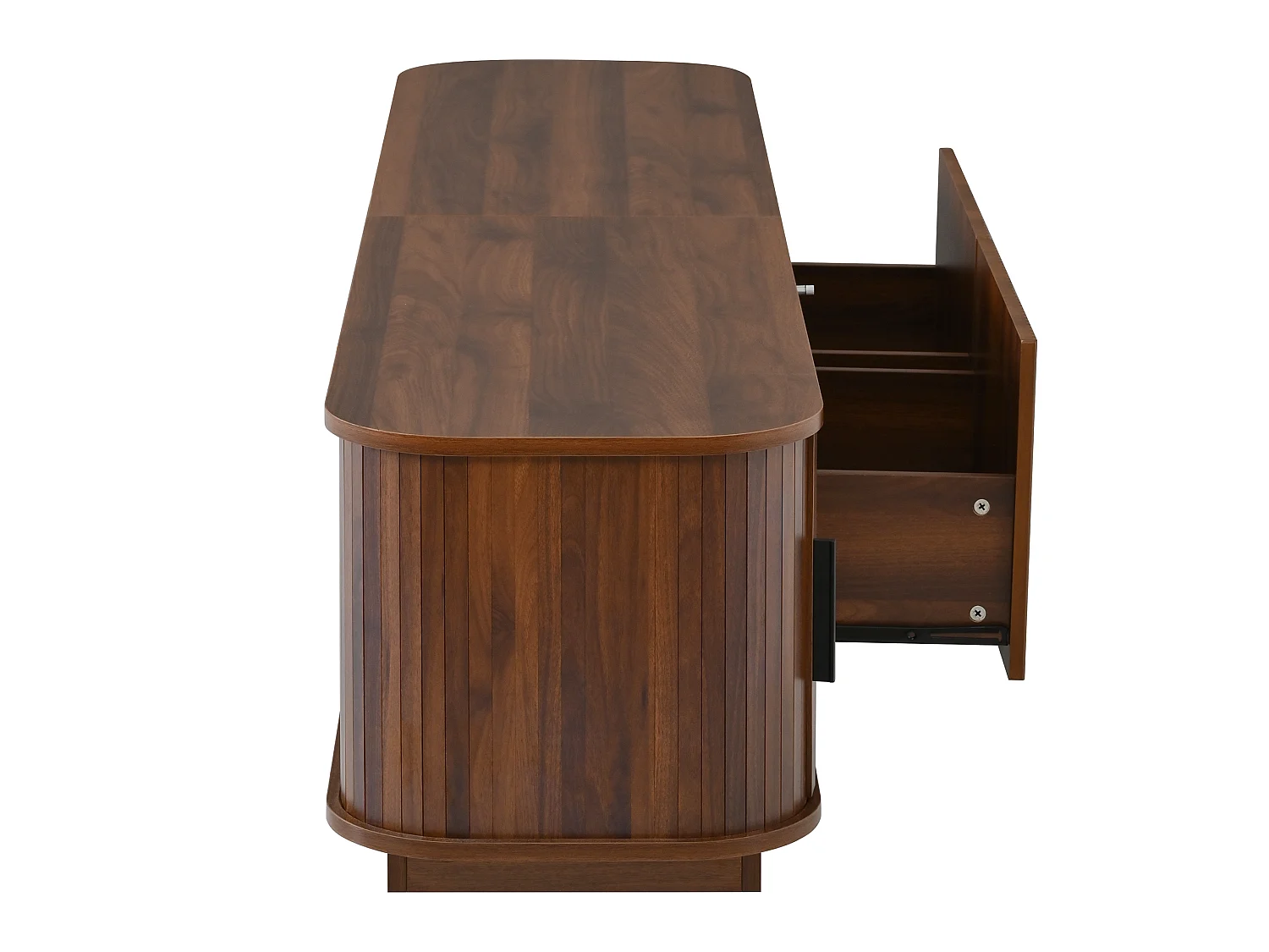 Eck-TV-Möbel abgerundet 180x40x40 cm - LED-Beleuchtung - 2 Schubladen mit Wellenmuster und 2 Schiebetüren - MDF - Braun