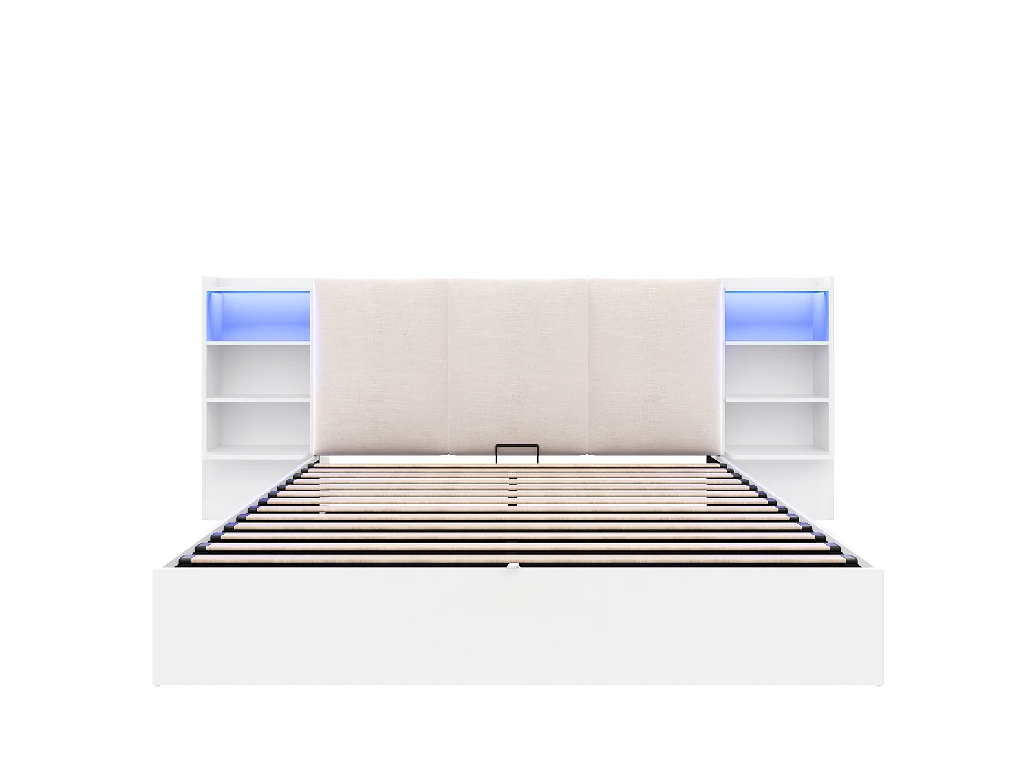 Łóżko skrzyniowe tapicerowane 180x200 cm - z tapicerowanym zagłówkiem - 6 schowków - z LED - Białe (bez materaca)