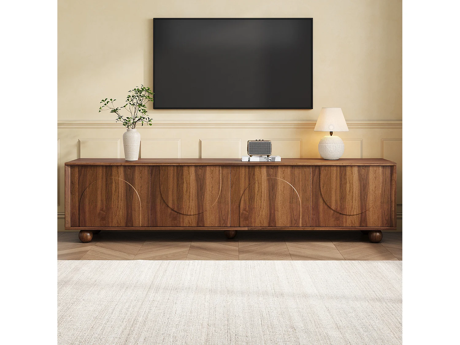 Vintage TV-möbel 180x40x44 cm - 4 präglade dörrar - Trälook - Massiva träklotfötter - Brun