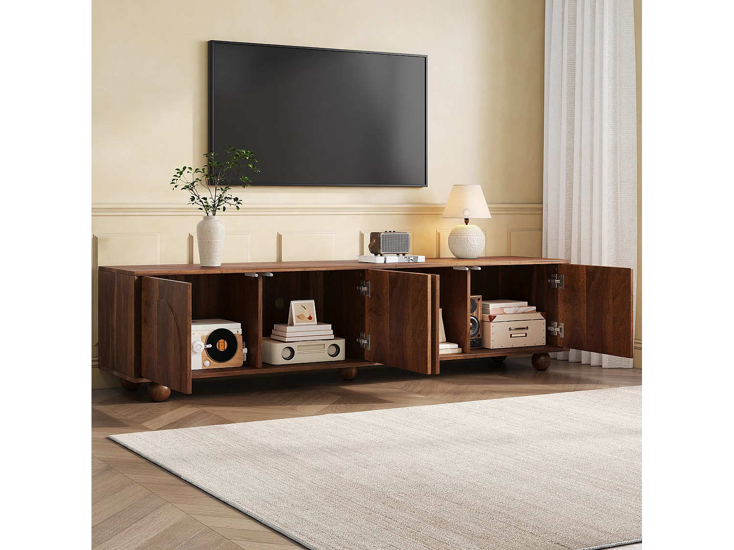 Vintage TV-möbel 180x40x44 cm - 4 präglade dörrar - Trälook - Massiva träklotfötter - Brun