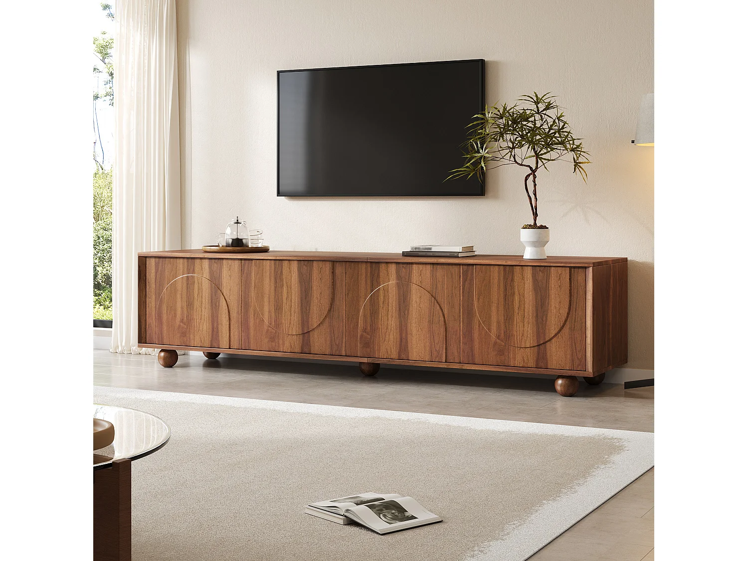 Vintage TV-möbel 180x40x44 cm - 4 präglade dörrar - Trälook - Massiva träklotfötter - Brun
