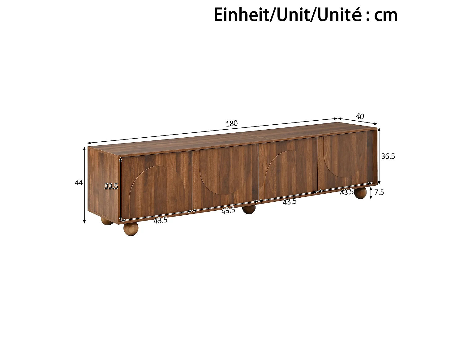 Vintage TV-möbel 180x40x44 cm - 4 präglade dörrar - Trälook - Massiva träklotfötter - Brun