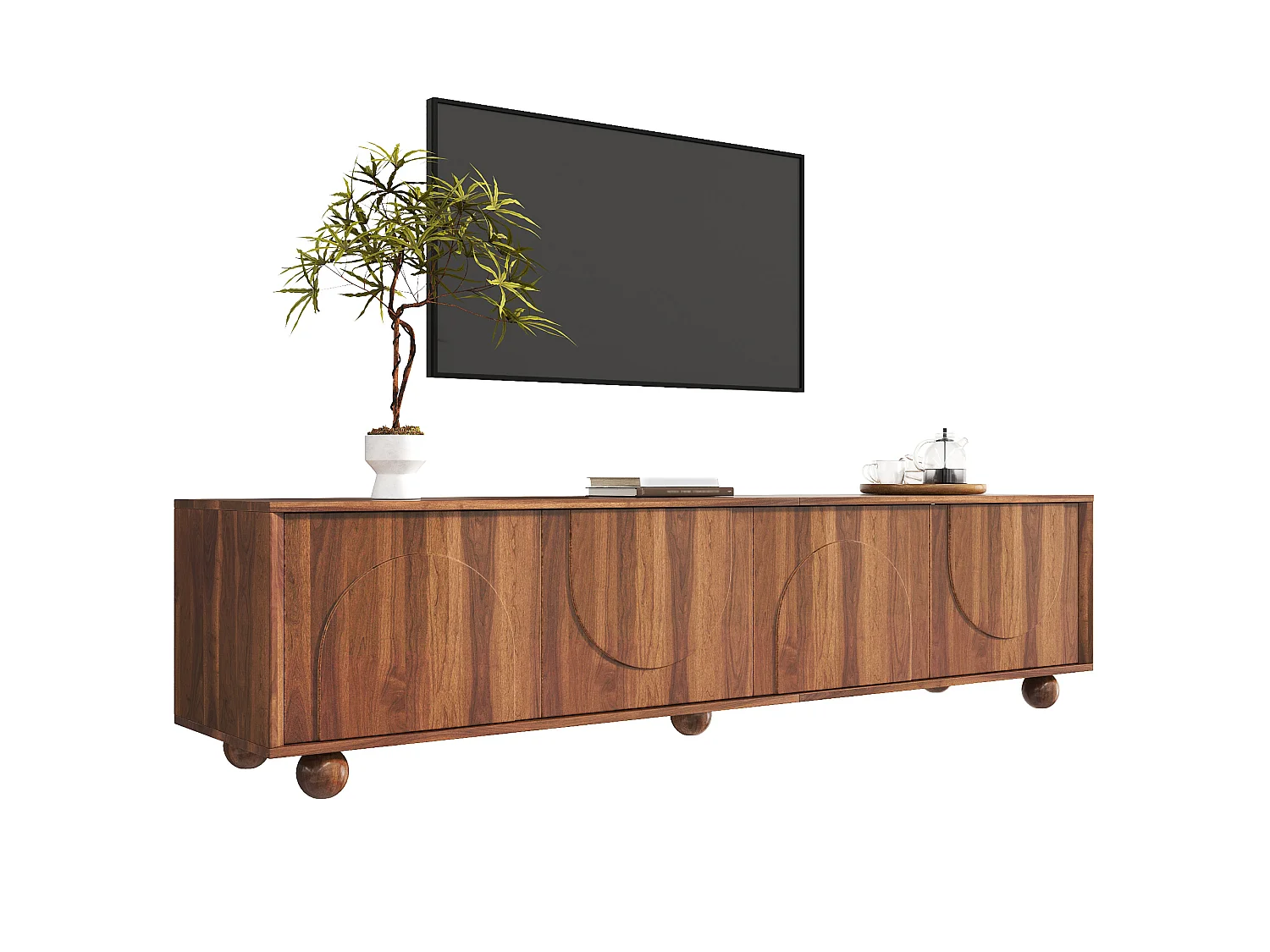 Vintage TV-möbel 180x40x44 cm - 4 präglade dörrar - Trälook - Massiva träklotfötter - Brun