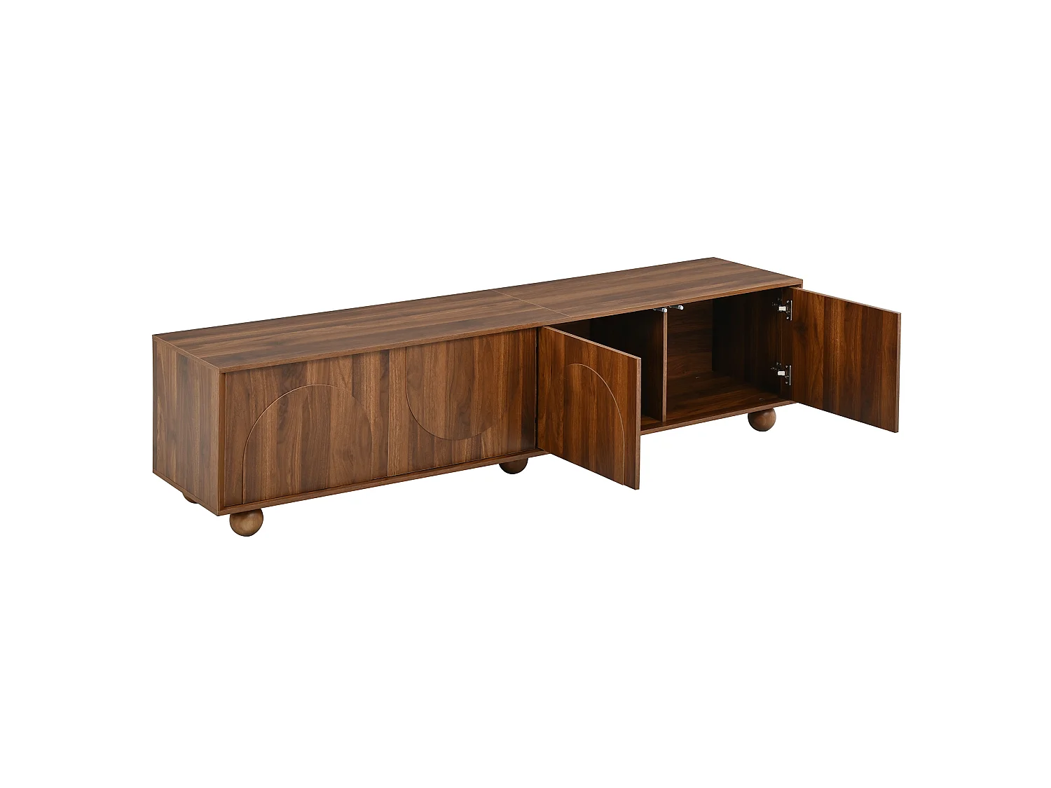 Vintage TV-möbel 180x40x44 cm - 4 präglade dörrar - Trälook - Massiva träklotfötter - Brun