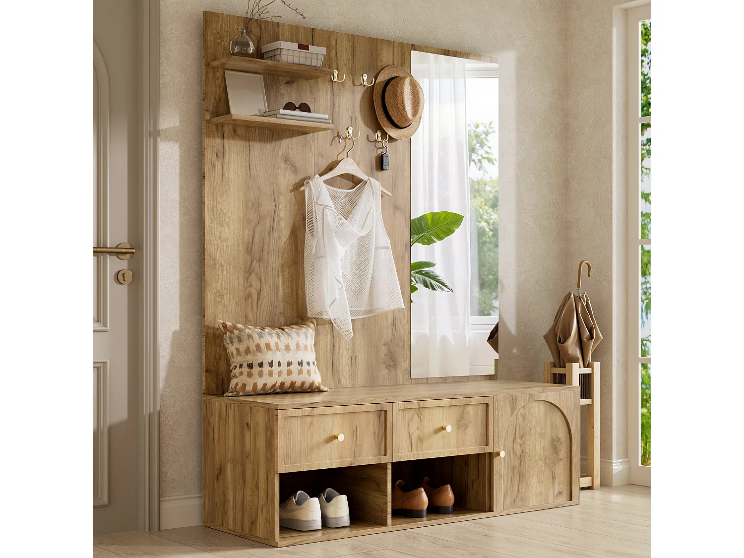 Conjunto de vestíbulo de entrada 120x35x159cm - com espelho e banco para sapatos - prateleira flutuante e 5 ganchos - Natural