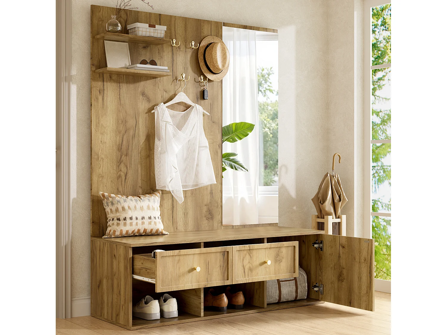 Conjunto de vestíbulo de entrada 120x35x159cm - com espelho e banco para sapatos - prateleira flutuante e 5 ganchos - Natural