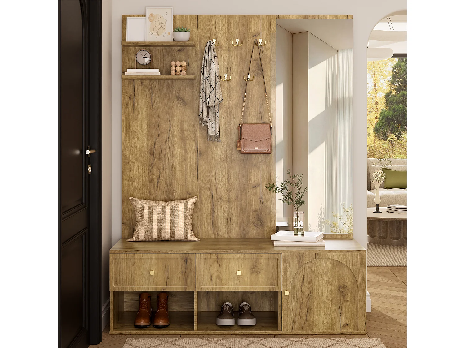 Conjunto de vestíbulo de entrada 120x35x159cm - com espelho e banco para sapatos - prateleira flutuante e 5 ganchos - Natural