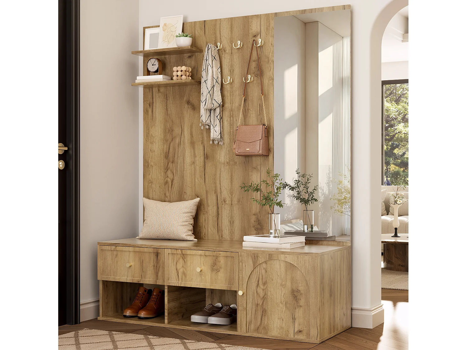 Conjunto de vestíbulo de entrada 120x35x159cm - com espelho e banco para sapatos - prateleira flutuante e 5 ganchos - Natural