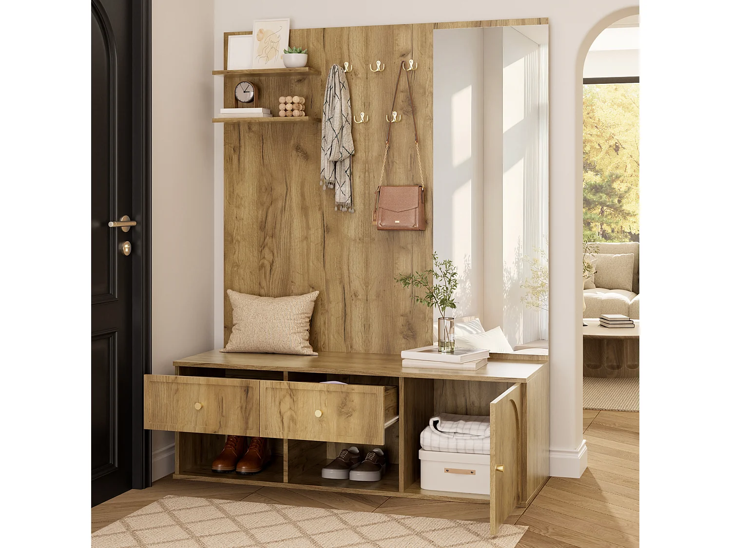 Conjunto de vestíbulo de entrada 120x35x159cm - com espelho e banco para sapatos - prateleira flutuante e 5 ganchos - Natural