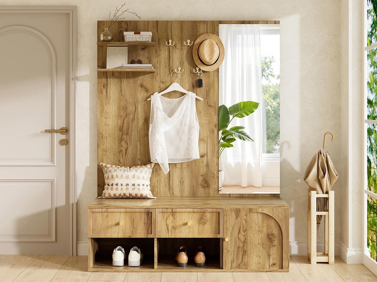 Conjunto de vestíbulo de entrada 120x35x159cm - com espelho e banco para sapatos - prateleira flutuante e 5 ganchos - Natural