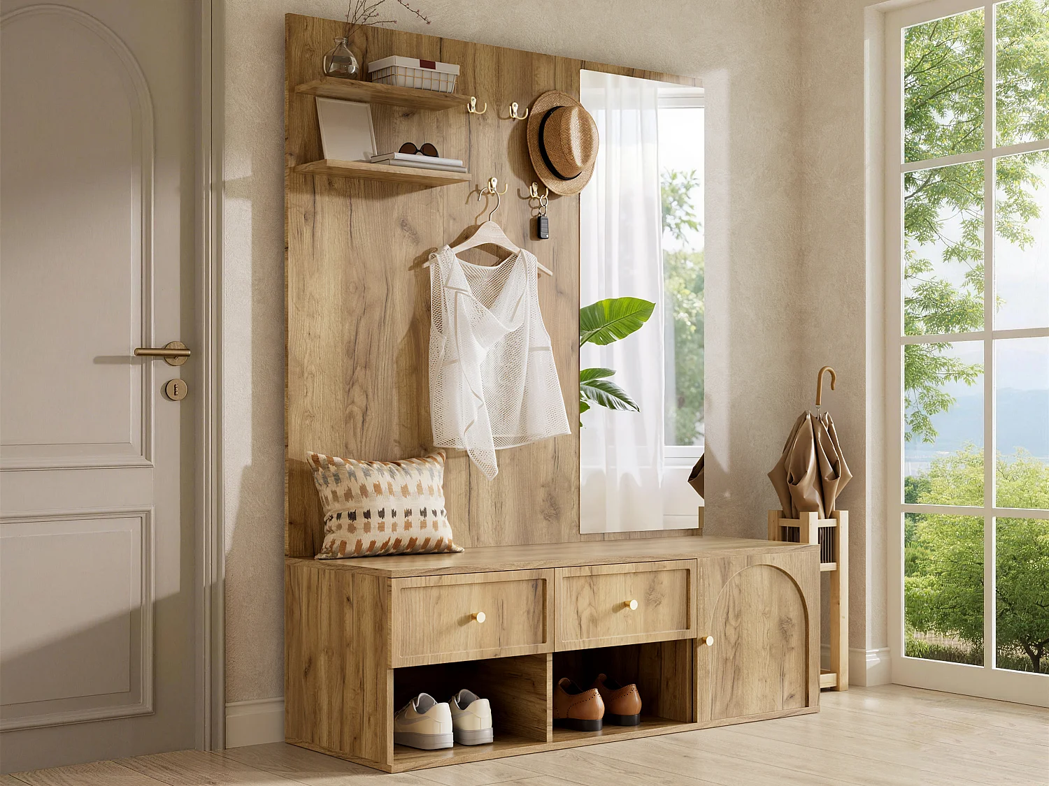 Conjunto de vestíbulo de entrada 120x35x159cm - com espelho e banco para sapatos - prateleira flutuante e 5 ganchos - Natural