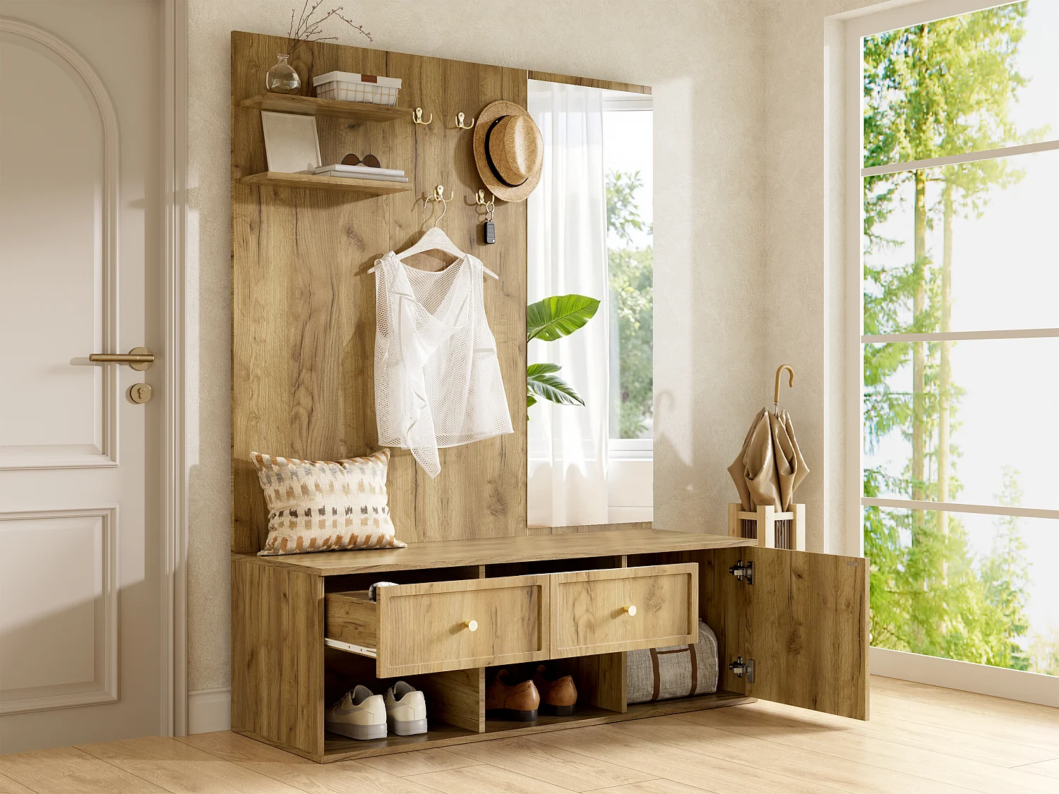 Conjunto de vestíbulo de entrada 120x35x159cm - com espelho e banco para sapatos - prateleira flutuante e 5 ganchos - Natural