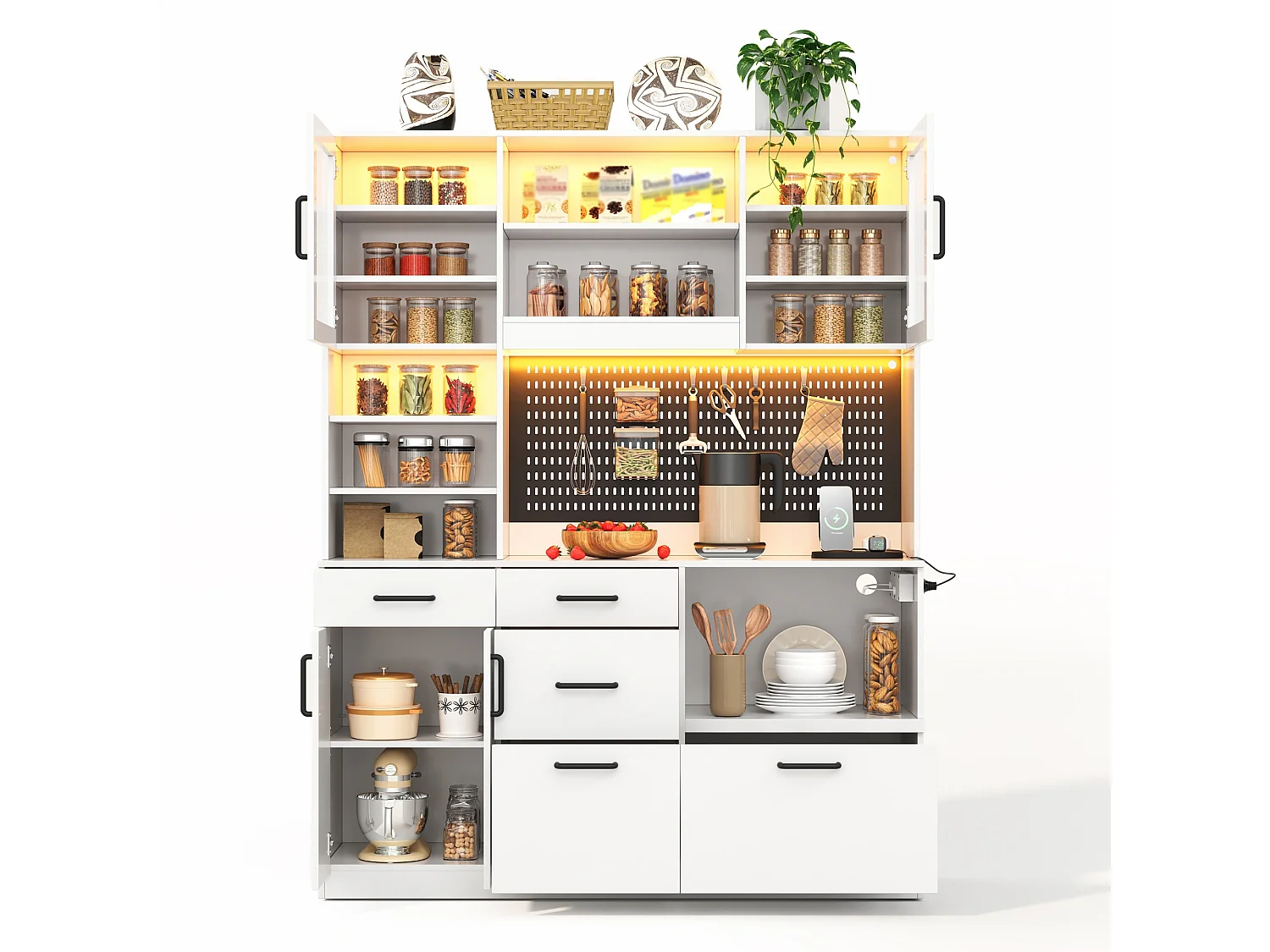 Buffet de cuisine 145x40x185cm - avec 4 portes et 5 tiroirs - avec éclairage LED - avec prise de courant - panneau perforé - Blanc