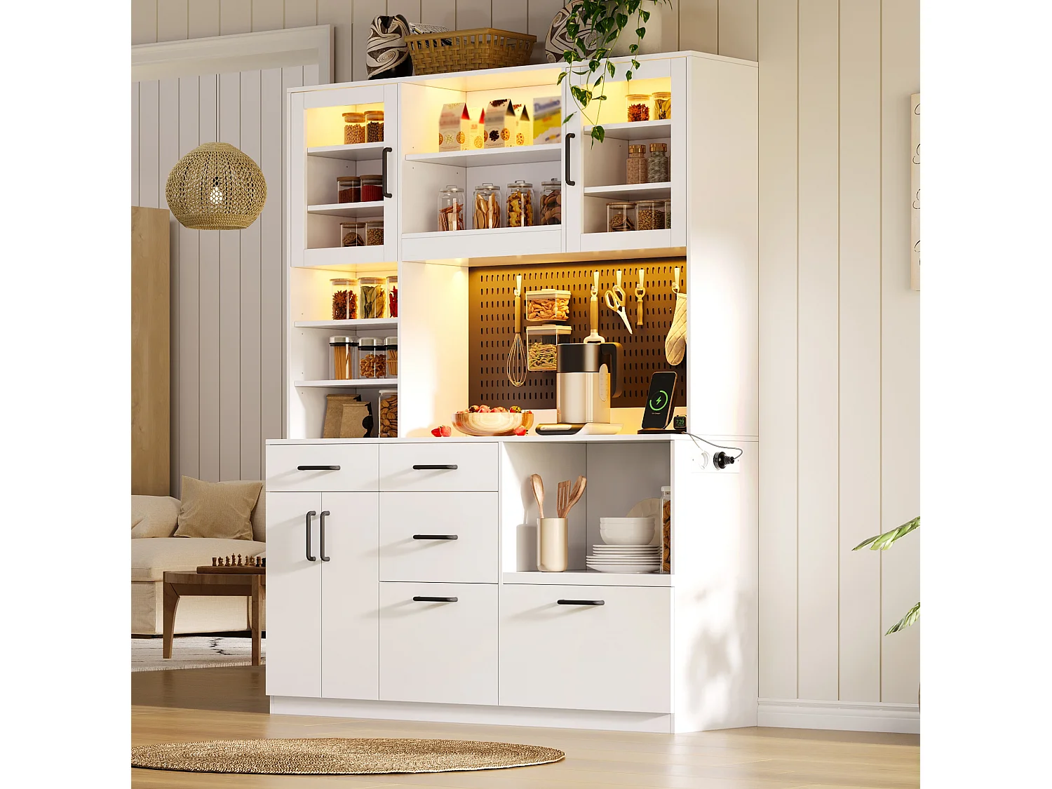 Buffet de cuisine 145x40x185cm - avec 4 portes et 5 tiroirs - avec éclairage LED - avec prise de courant - panneau perforé - Blanc