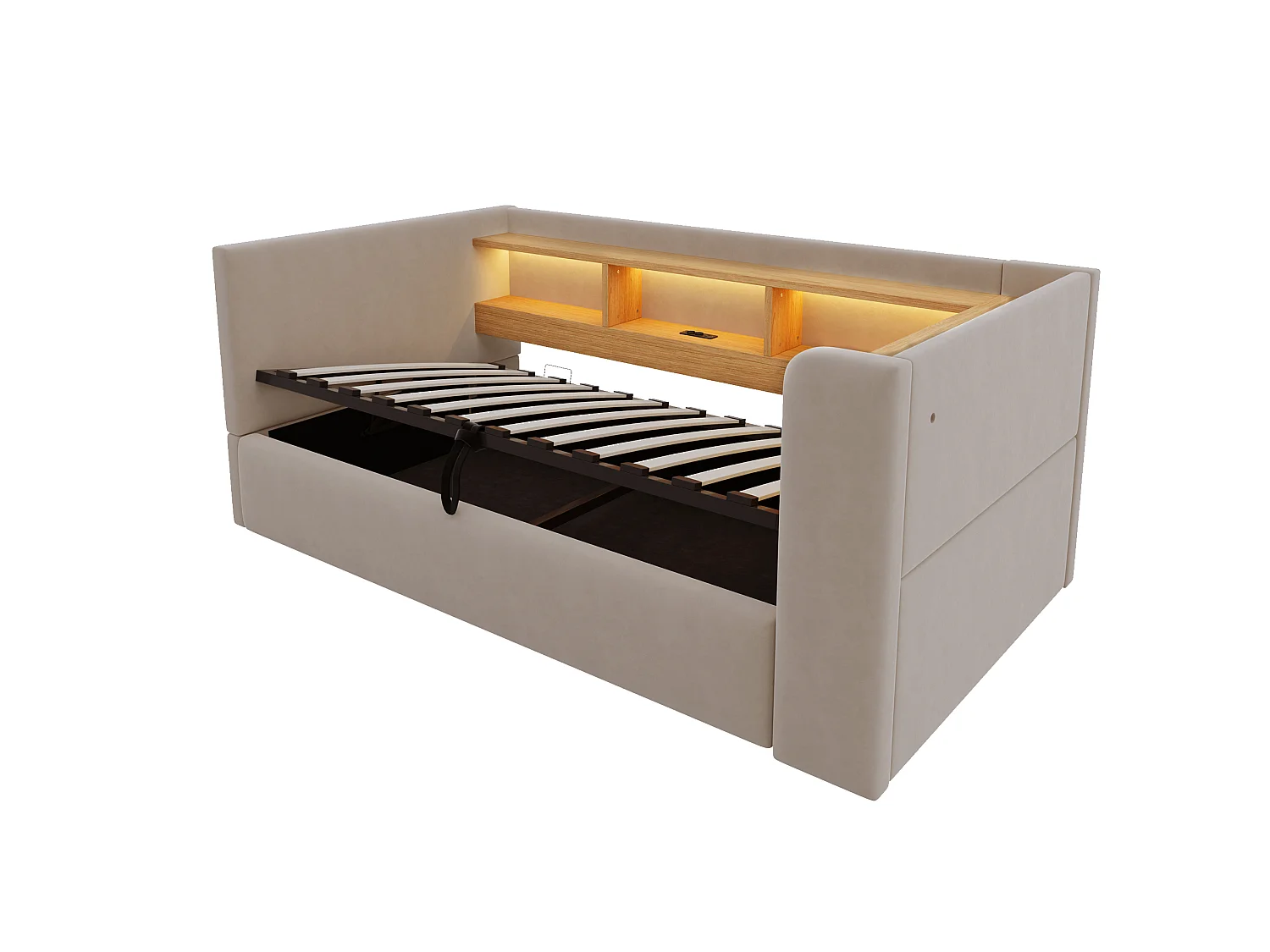 Canapé-lit coffre rembourré 90x190 cm - avec lumière LED - avec prise électrique - avec compartiments de rangement - flanelle - gris foncé (matelas non inclus)
