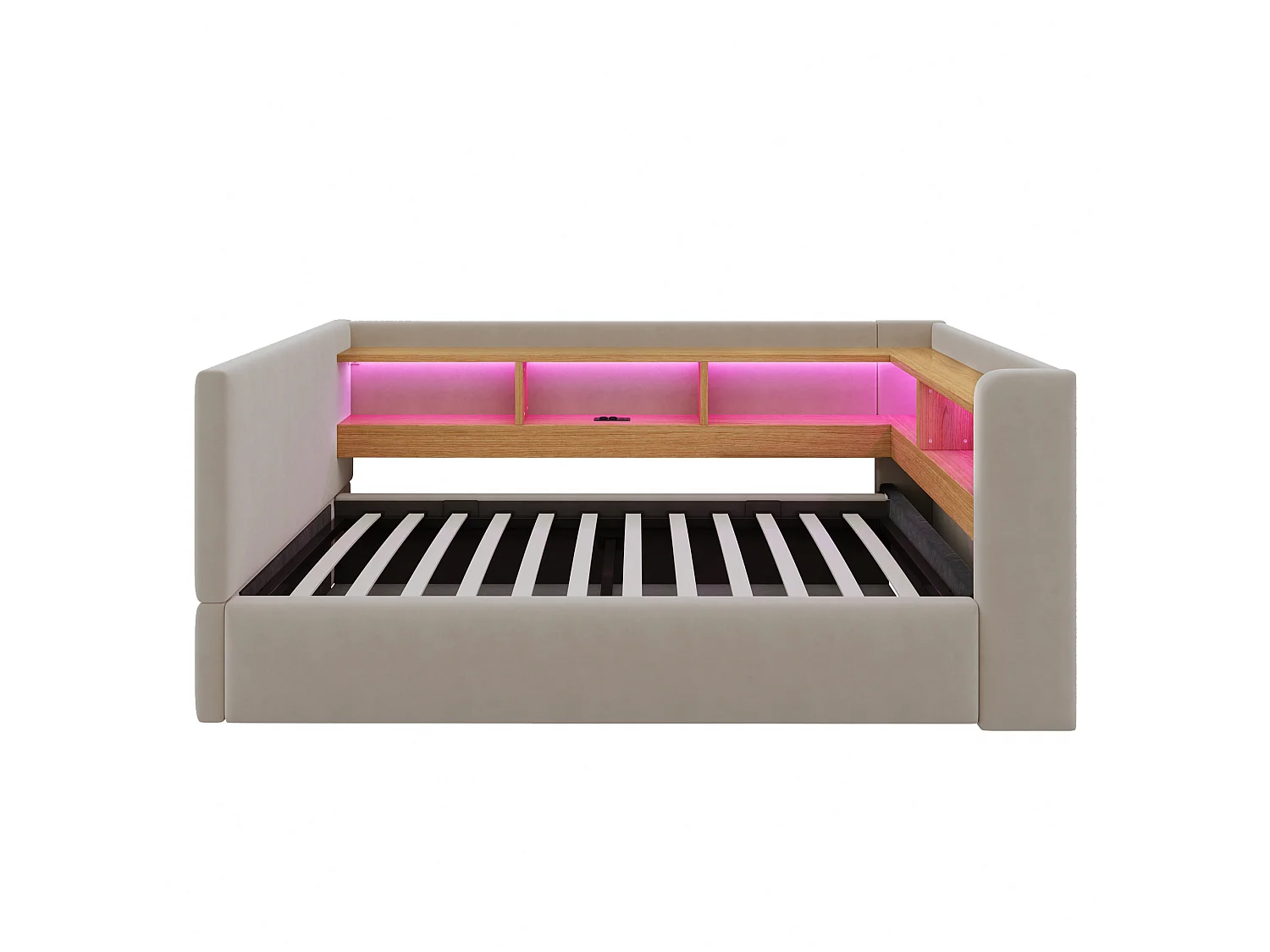 Canapé-lit coffre rembourré 90x190 cm - avec lumière LED - avec prise électrique - avec compartiments de rangement - flanelle - gris foncé (matelas non inclus)