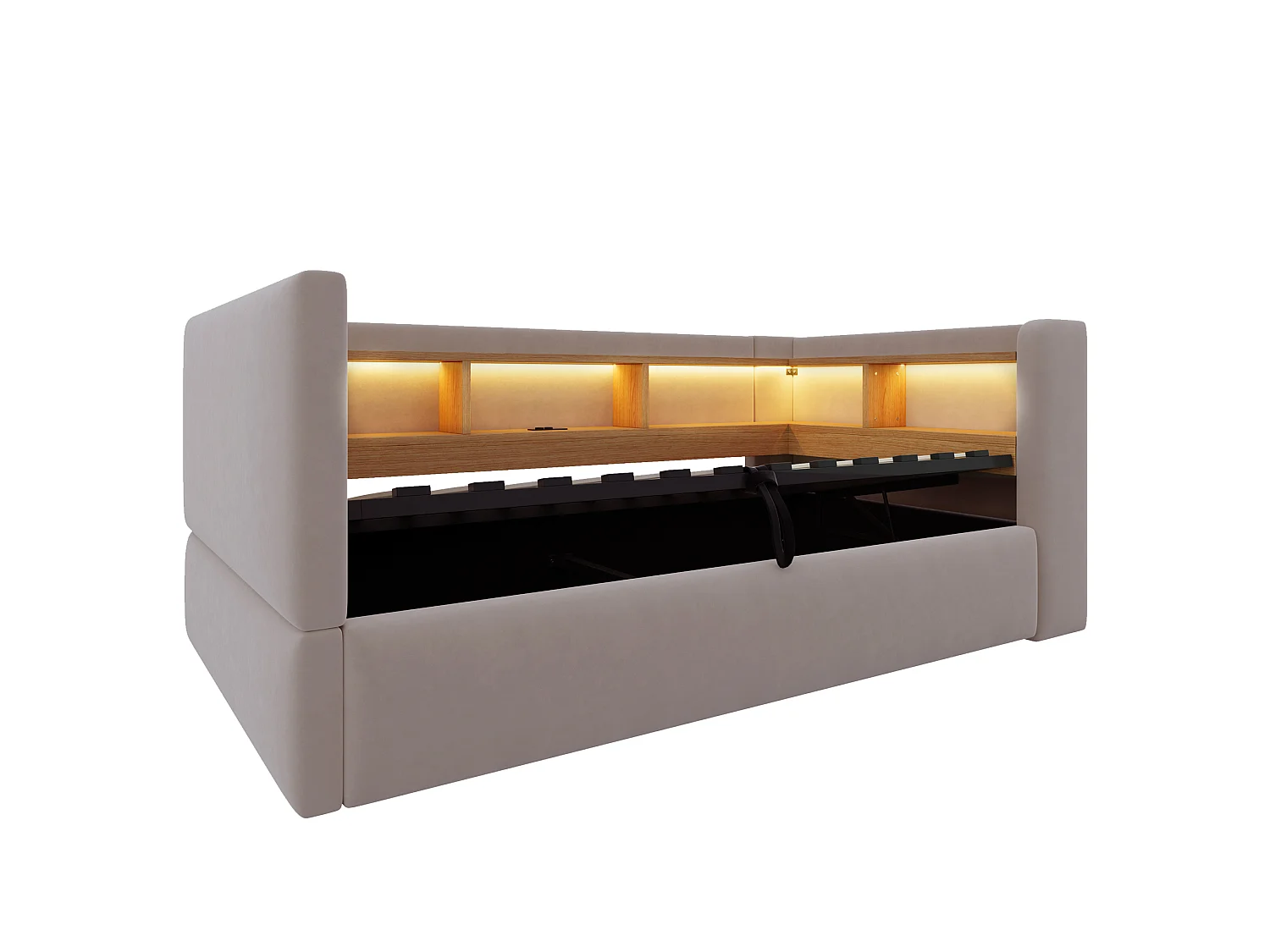 Canapé-lit coffre rembourré 90x190 cm - avec lumière LED - avec prise électrique - avec compartiments de rangement - flanelle - gris foncé (matelas non inclus)