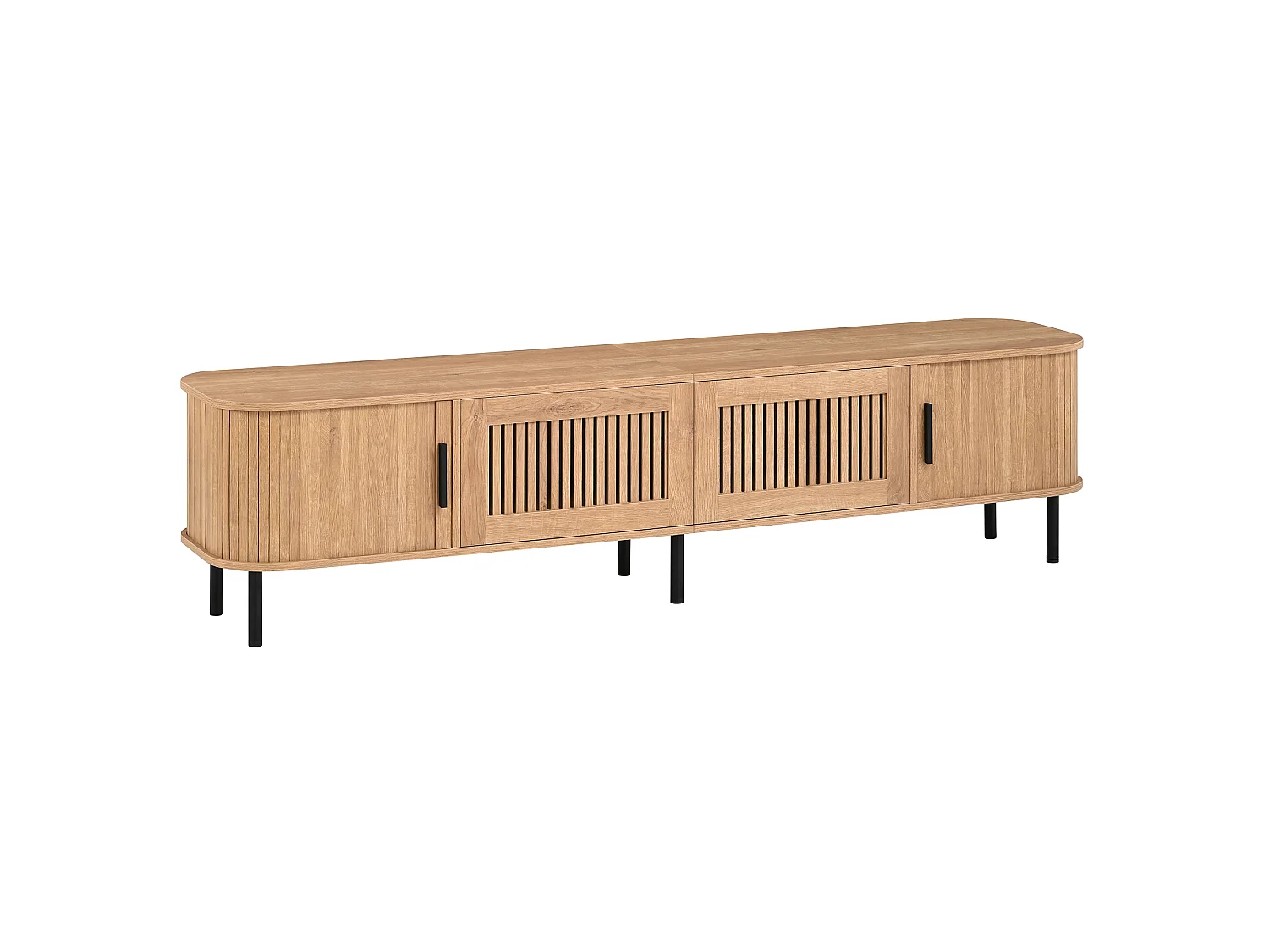 Meuble TV d'angle arrondi 180x40x44,5 cm - 2 tiroirs en maille et 2 portes coulissantes - Éclairage LED - MDF - Naturel