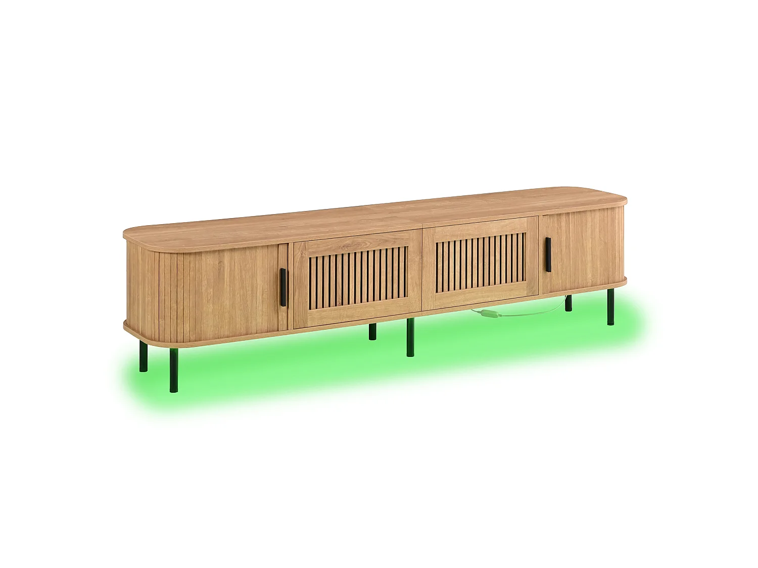 Meuble TV d'angle arrondi 180x40x44,5 cm - 2 tiroirs en maille et 2 portes coulissantes - Éclairage LED - MDF - Naturel