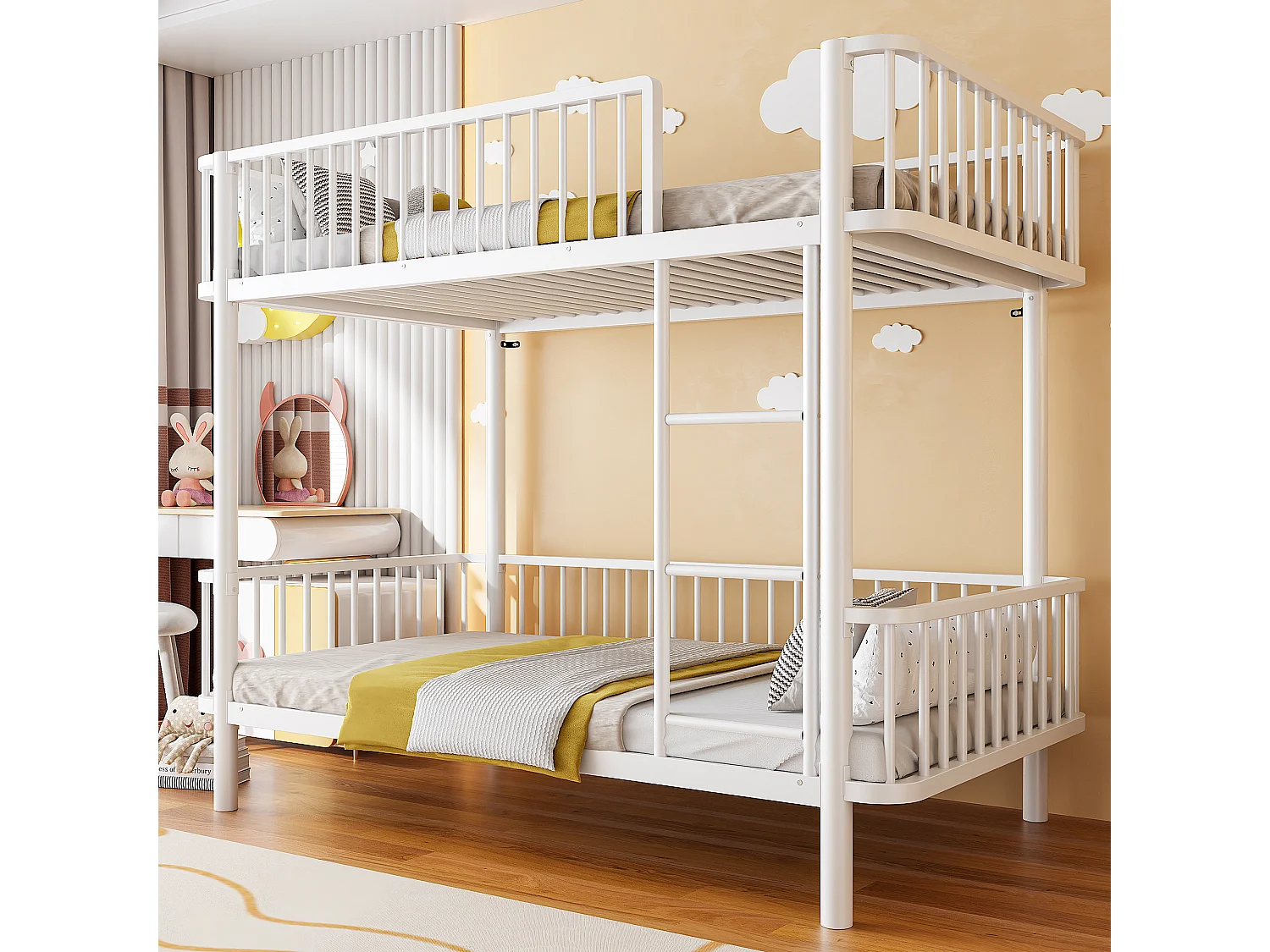 Lit superposé en métal pour enfant 90x200cm - Coins arrondis - Pieds allongés - Avec barrières de sécurité - Blanc (Matelas non inclus)