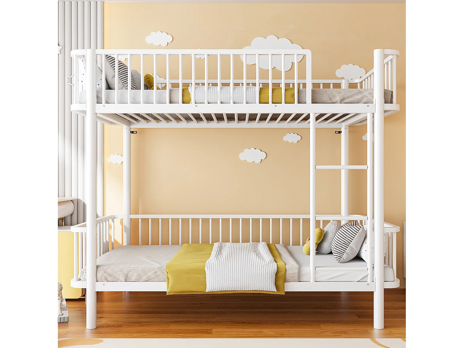 Lit superposé en métal pour enfant 90x200cm - Coins arrondis - Pieds allongés - Avec barrières de sécurité - Blanc (Matelas non inclus)