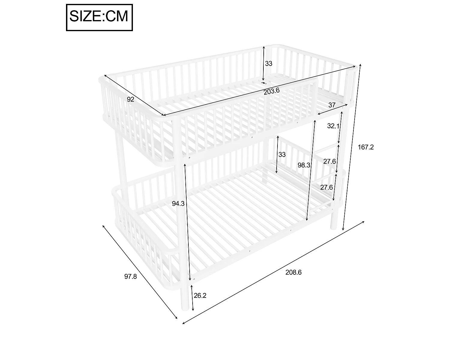 Lit superposé en métal pour enfant 90x200cm - Coins arrondis - Pieds allongés - Avec barrières de sécurité - Blanc (Matelas non inclus)
