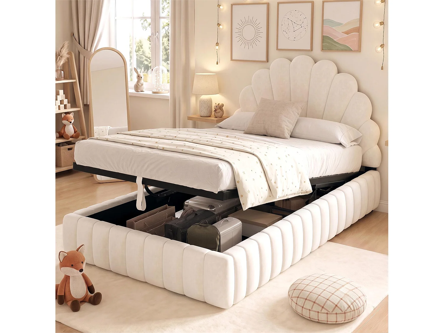 Lit enfant coffre rembourré 90 x 200 cm - Tête de lit capitonnée en forme de pétale - Sommier à lattes - Velours - Beige(sans matelas)