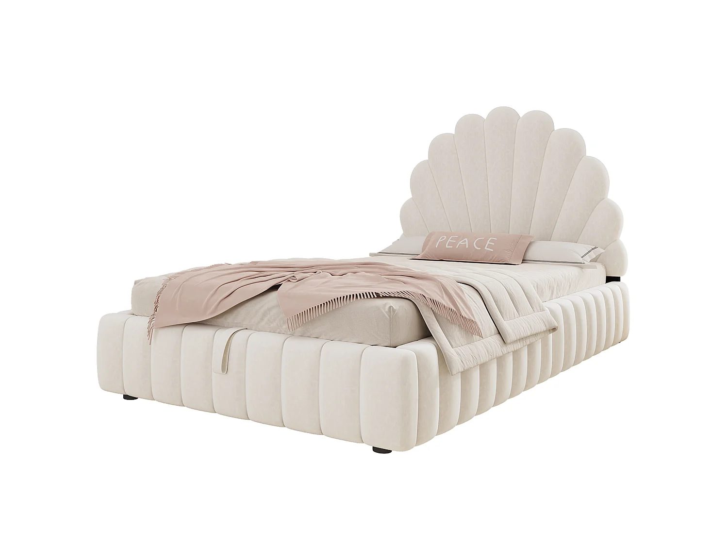 Lit enfant coffre rembourré 90 x 200 cm - Tête de lit capitonnée en forme de pétale - Sommier à lattes - Velours - Beige(sans matelas)
