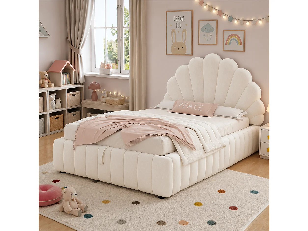 Lit enfant coffre rembourré 90 x 200 cm - Tête de lit capitonnée en forme de pétale - Sommier à lattes - Velours - Beige(sans matelas)