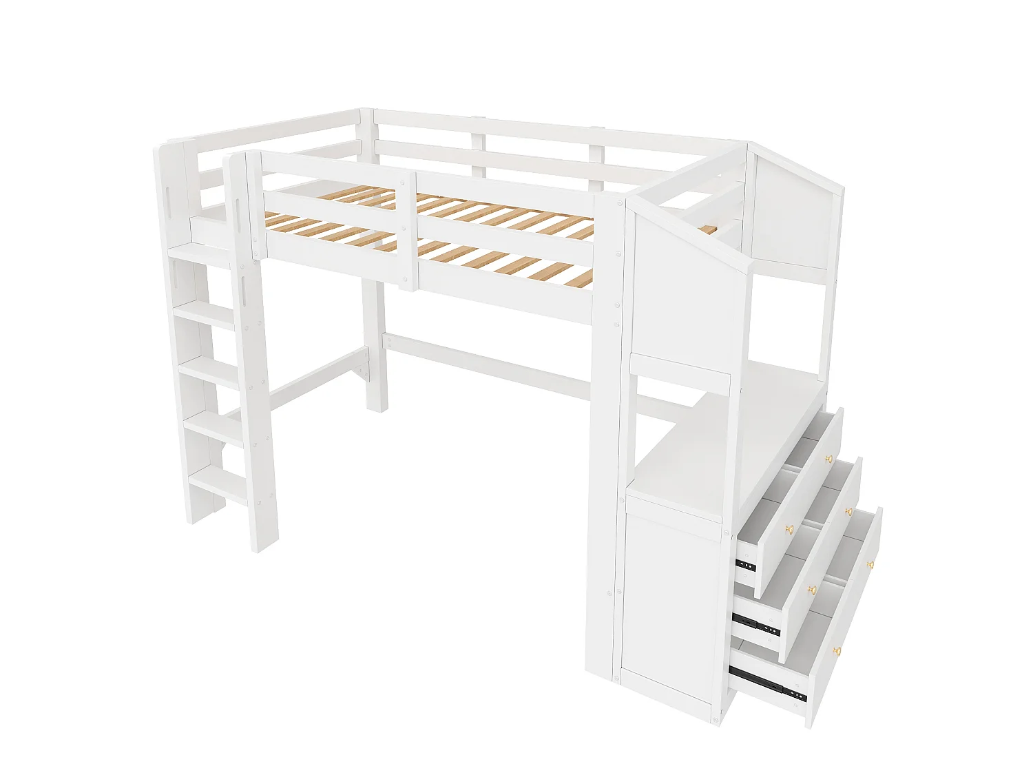 Lit mezzanine 90x200cm - avec 3 tiroirs et étagères - Éclairage LED - MDF - Blanc (matelas non inclus)