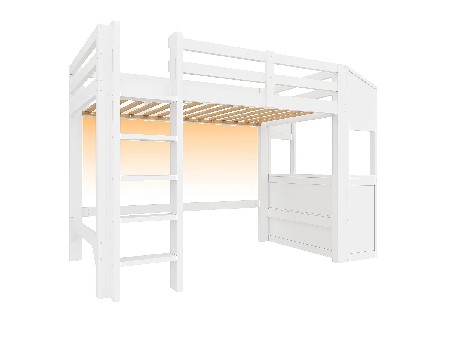 Lit mezzanine 90x200cm - avec 3 tiroirs et étagères - Éclairage LED - MDF - Blanc (matelas non inclus)