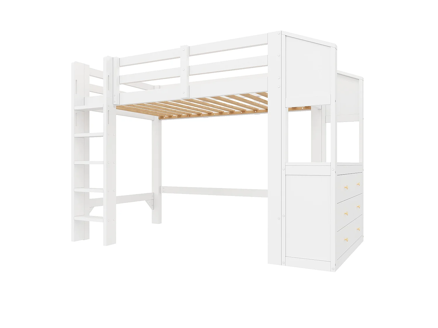 Lit mezzanine 90x200cm - avec 3 tiroirs et étagères - Éclairage LED - MDF - Blanc (matelas non inclus)
