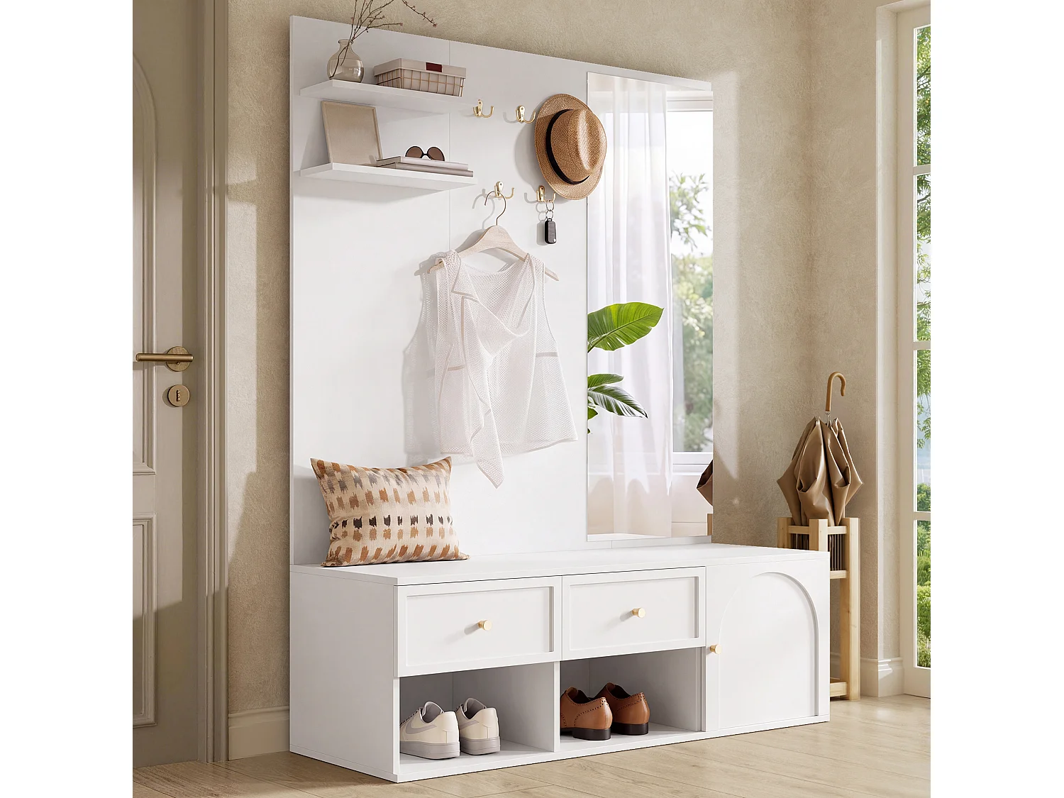 Conjunto de vestíbulo de entrada 120x35x159cm - com espelho e banco para sapatos - prateleira flutuante e 5 ganchos - Branco