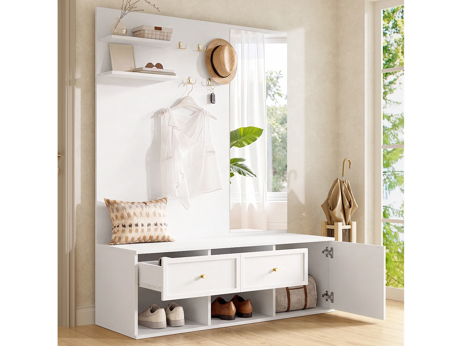 Conjunto de vestíbulo de entrada 120x35x159cm - com espelho e banco para sapatos - prateleira flutuante e 5 ganchos - Branco