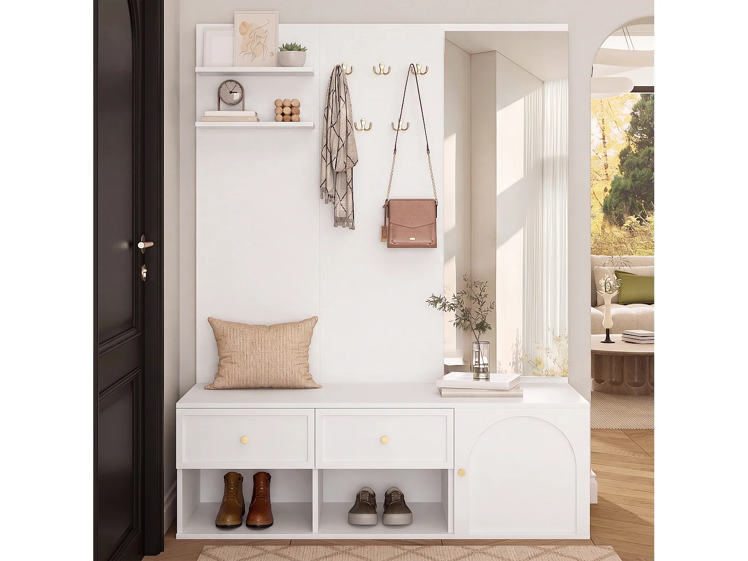 Conjunto de vestíbulo de entrada 120x35x159cm - com espelho e banco para sapatos - prateleira flutuante e 5 ganchos - Branco