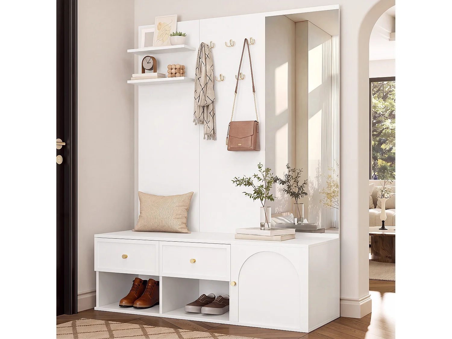 Conjunto de vestíbulo de entrada 120x35x159cm - com espelho e banco para sapatos - prateleira flutuante e 5 ganchos - Branco